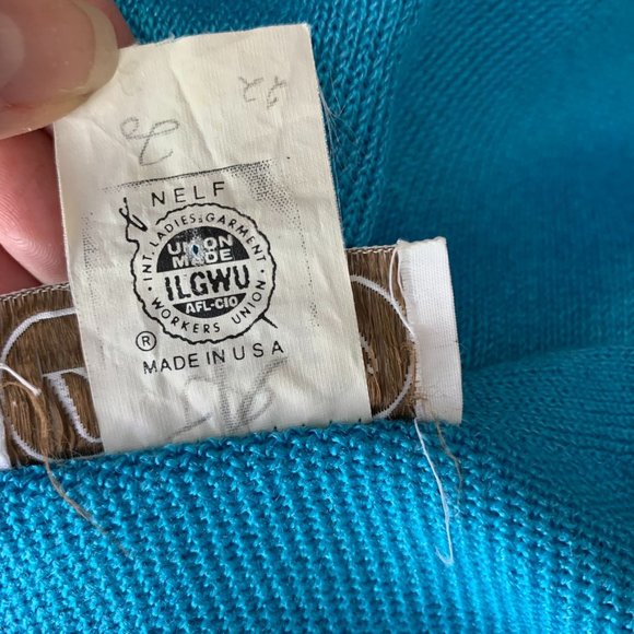 Vintage 70s Leslie Fay Button Down Dress 6 Blue Knit V Neck Belted Union Made - Picture 7 of 7